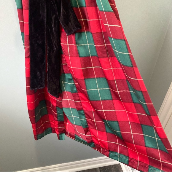 90s Vintage Silk & Velvet Belted Robe La Senza Green and Black Plaid - Picture 7 of 12